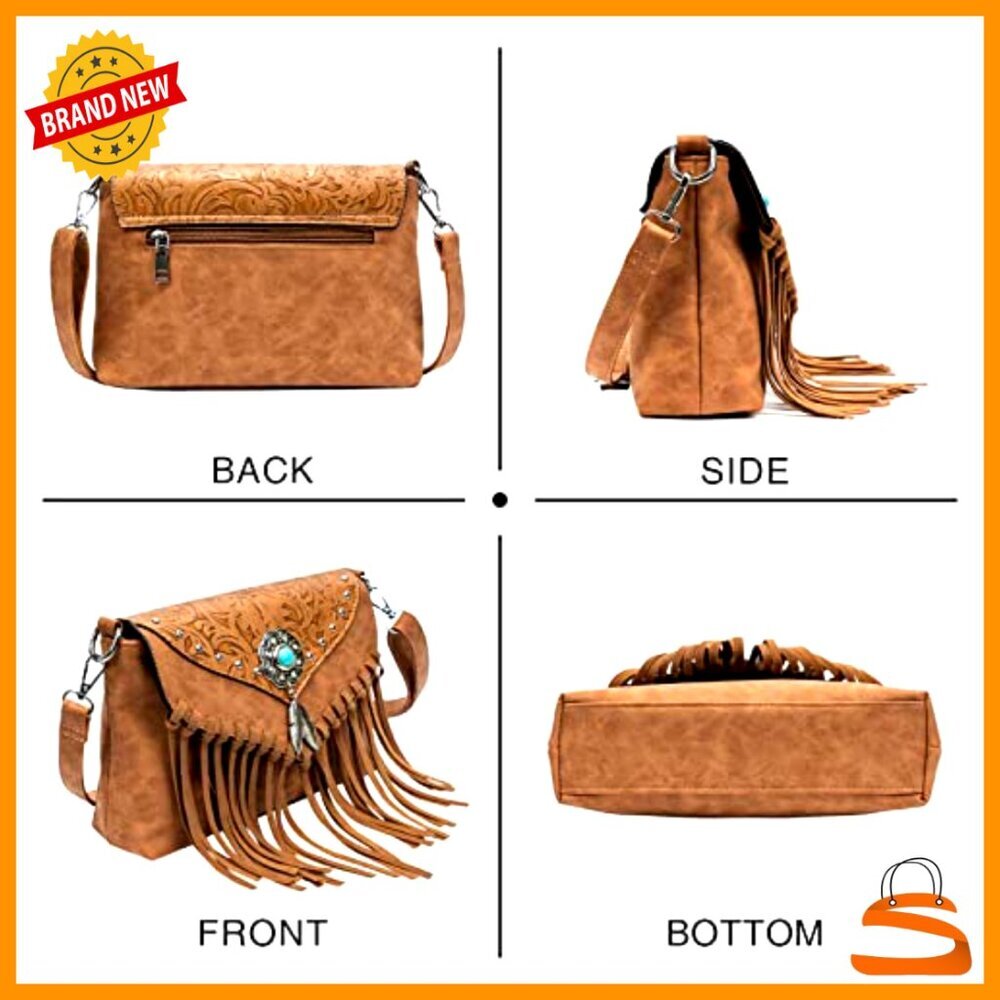 Faux Leather Crossbody Bag with Fringe Tassel Adjustable Strap Wristlet - Picture 3 of 7